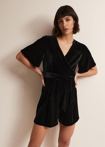 Phase Eight Holly Velvet Playsuit Jumpsuit Black USA | 9286415-PC